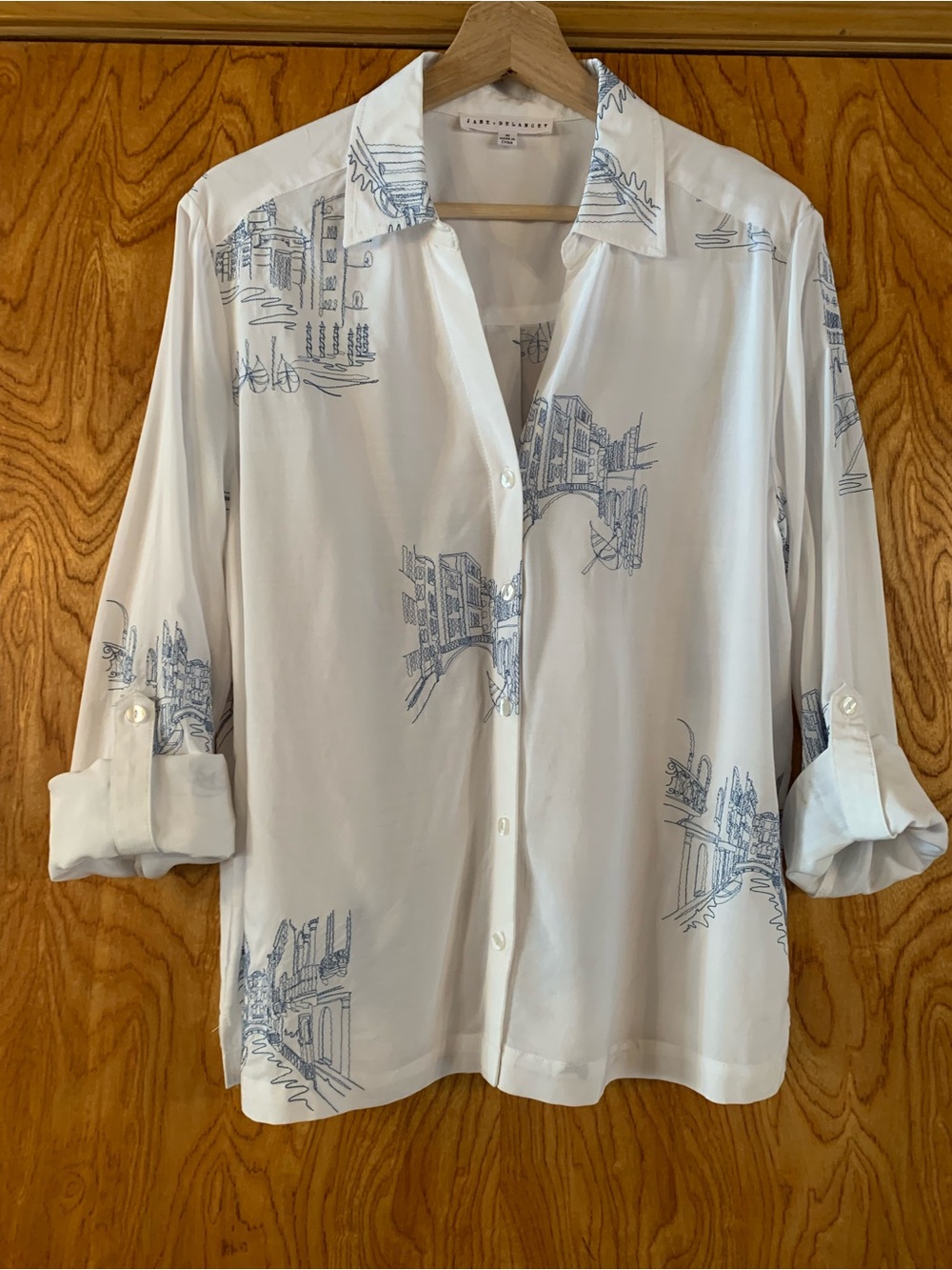 Relaxed White Button-Down Shirt with Blue embroidered architectural scenes